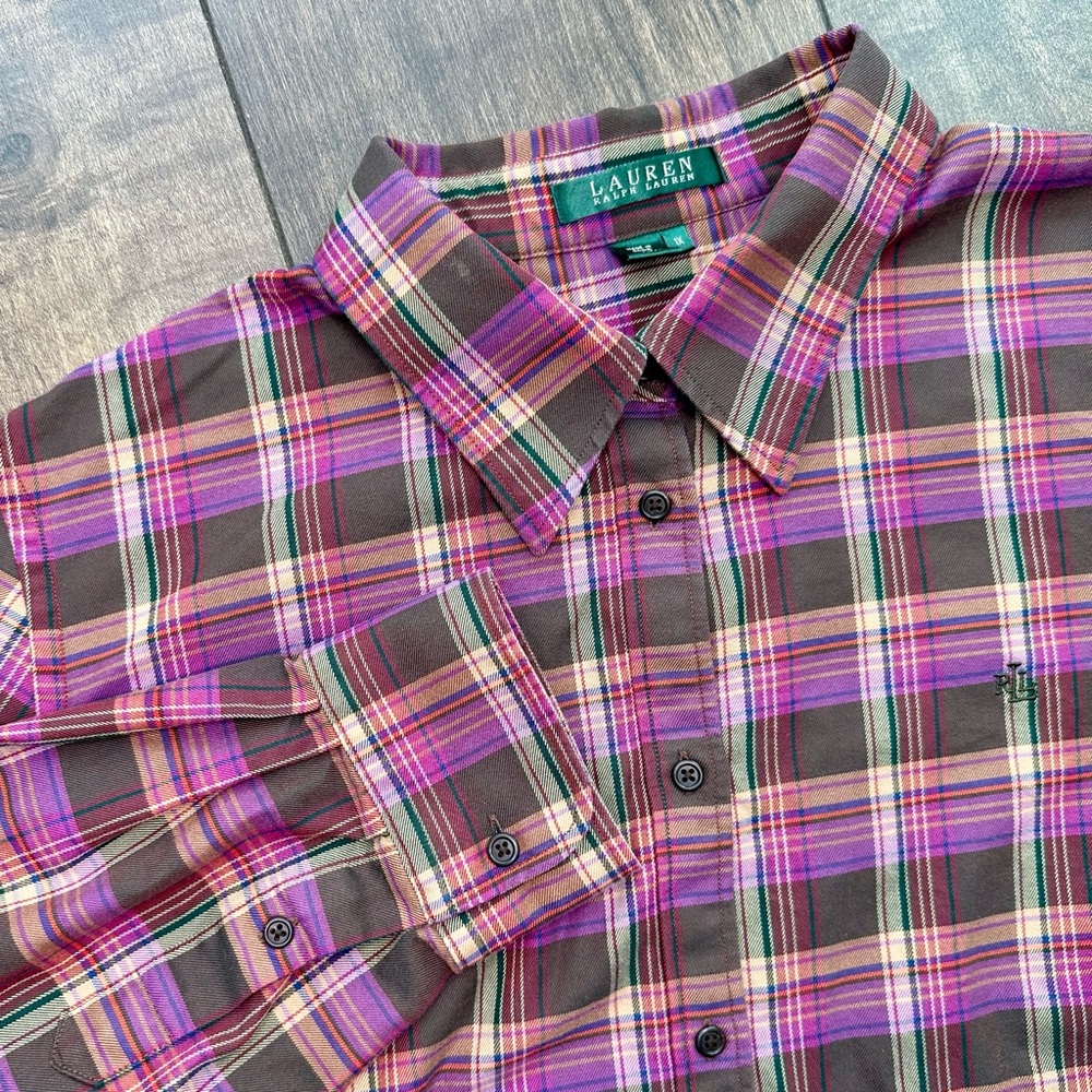 Lauren Ralph Lauren Women’s Purple Brown Plaid Button Up - Size 1X - 100% Cotton